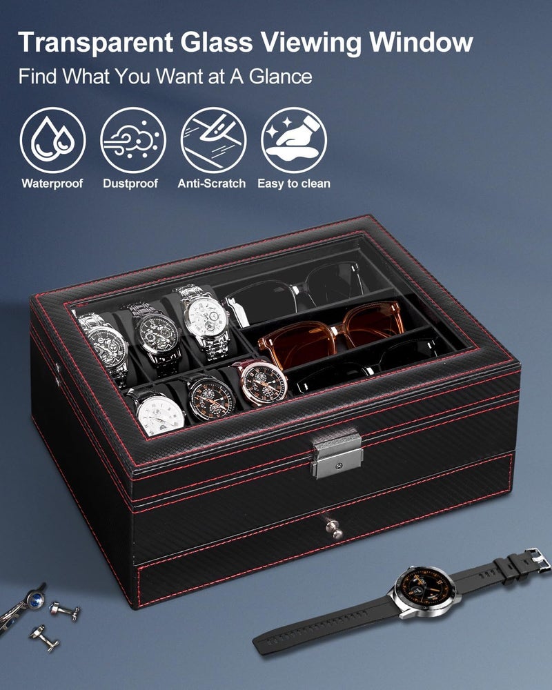 Jenseits Watch Box for Mens Jewelry Box, 6 Slot Watch Case & 3 Slot Sunglasses Organizer, Lockable PU Leather Jewelry Organizer Watch Display Storage W/Drawer For Rings Bracelets, Gift for Men Women - Image 4